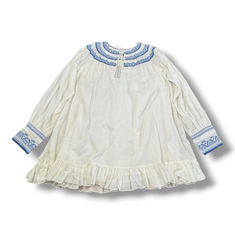 Free People Erin Embroidered Mini Dress Ivory Blue Bohemian Women’s Size XL